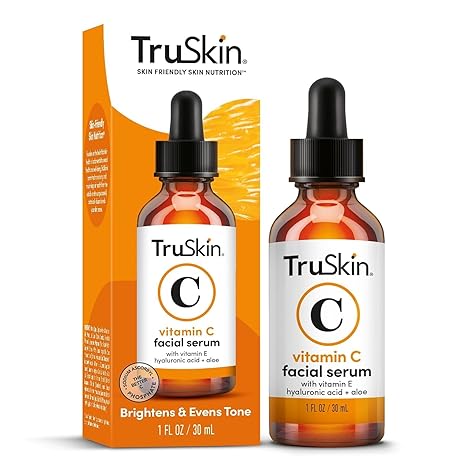 A sleek glass bottle of TruSkin Vitamin C Serum, filled with a clear, lightweight formula